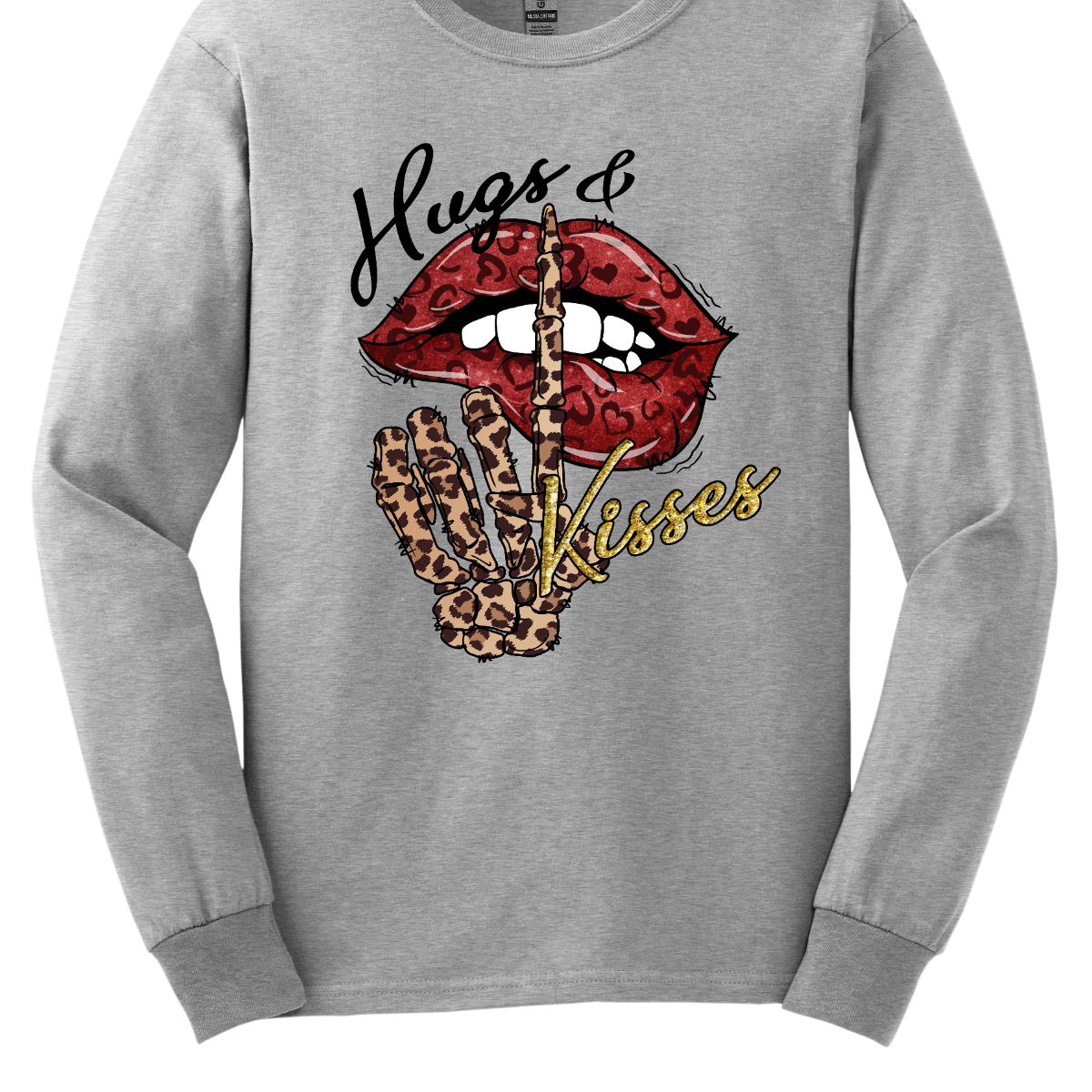 Introducing our "Hugs & Kisses" T-shirt – a sassy and playful garment that combines the sweetness of hugs and kisses with a touch of edgy flair. This shirt features red leopard print lips and a stylish leopard print skeleton holding its finger up to its lips, creating a unique and trendy design.  The red leopard print lips add a touch of romance and playfulness, while the leopard print skeleton introduces a chic and edgy element to the overall design. Shop at Gorgeousware.com