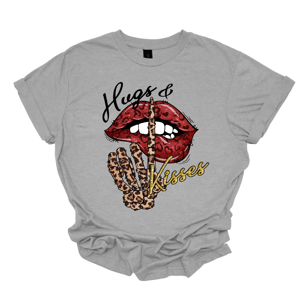 Introducing our "Hugs & Kisses" T-shirt – a sassy and playful garment that combines the sweetness of hugs and kisses with a touch of edgy flair. This shirt features red leopard print lips and a stylish leopard print skeleton holding its finger up to its lips, creating a unique and trendy design. The red leopard print lips add a touch of romance and playfulness, while the leopard print skeleton introduces a chic and edgy element to the overall design. Shop at Gorgeousware.com