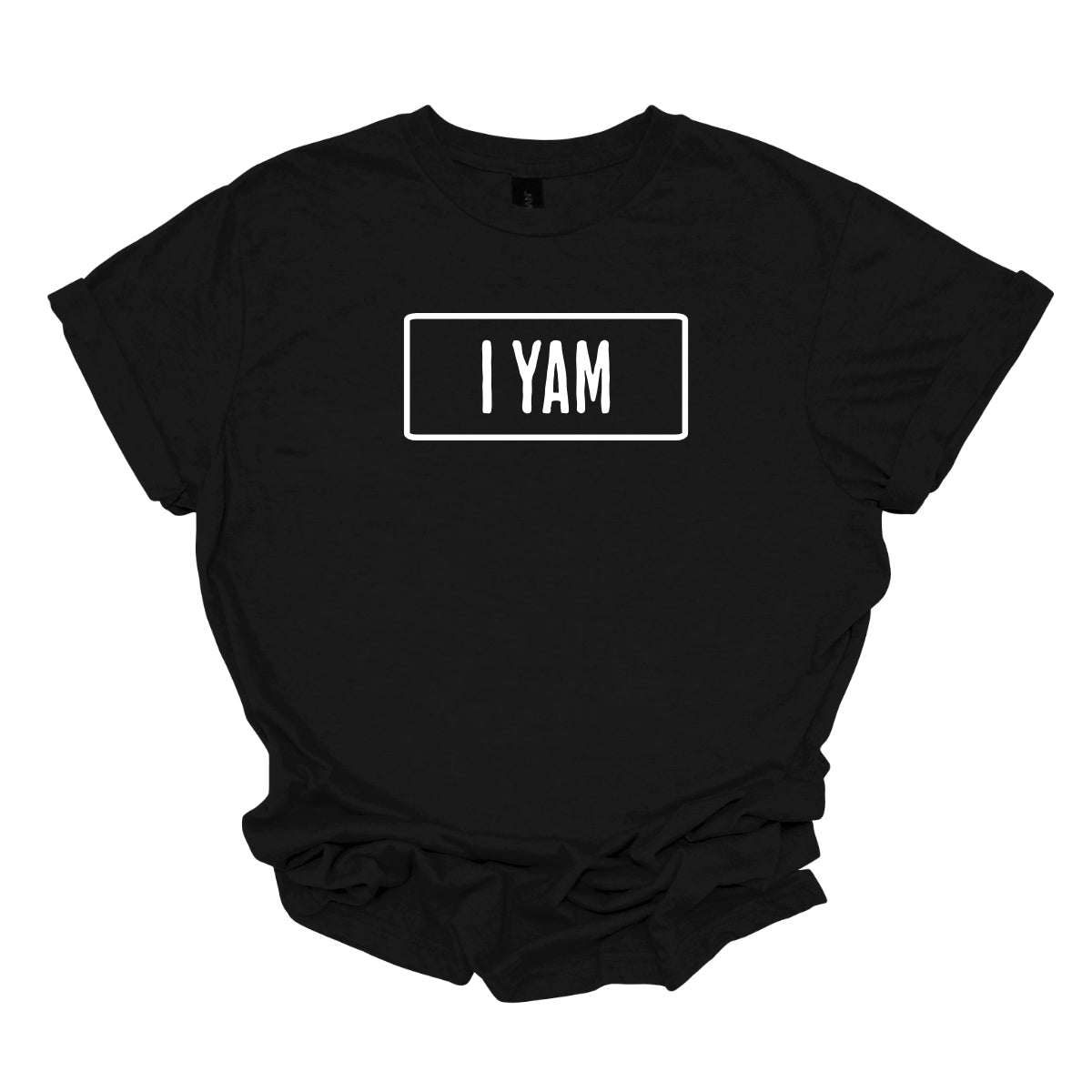 The second t-shirt complements the first with the phrase "I Yam" also rendered in a basic, bold font. Similar to the first shirt, the text on this shirt is outlined with a solid white border, enhancing readability and creating a cohesive look with the matching shirt. Shop Gorgeousware.com