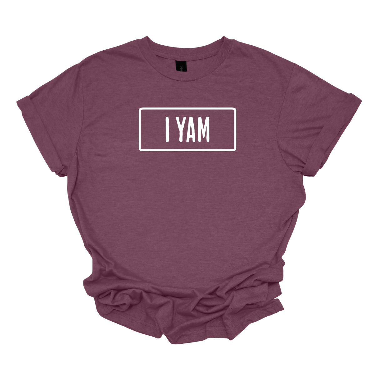 The second t-shirt complements the first with the phrase "I Yam" also rendered in a basic, bold font. Similar to the first shirt, the text on this shirt is outlined with a solid white border, enhancing readability and creating a cohesive look with the matching shirt. Shop Gorgeousware.com