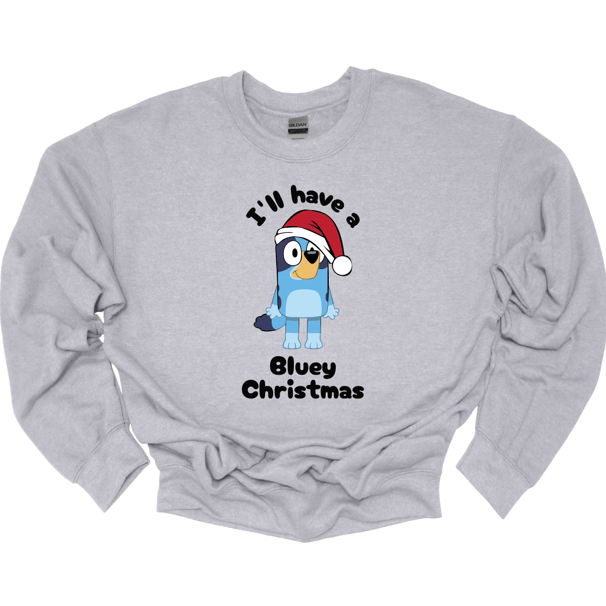 This playful t-shirt features the cheerful phrase "I'LL HAVE A BLUEY CHRISTMAS" in a fun black bubble font that adds a whimsical touch. At the center of the design, an adorable illustration of Bluey is depicted wearing a classic red and white Santa hat, perfectly capturing the festive spirit. Shop Gorgeousware.com