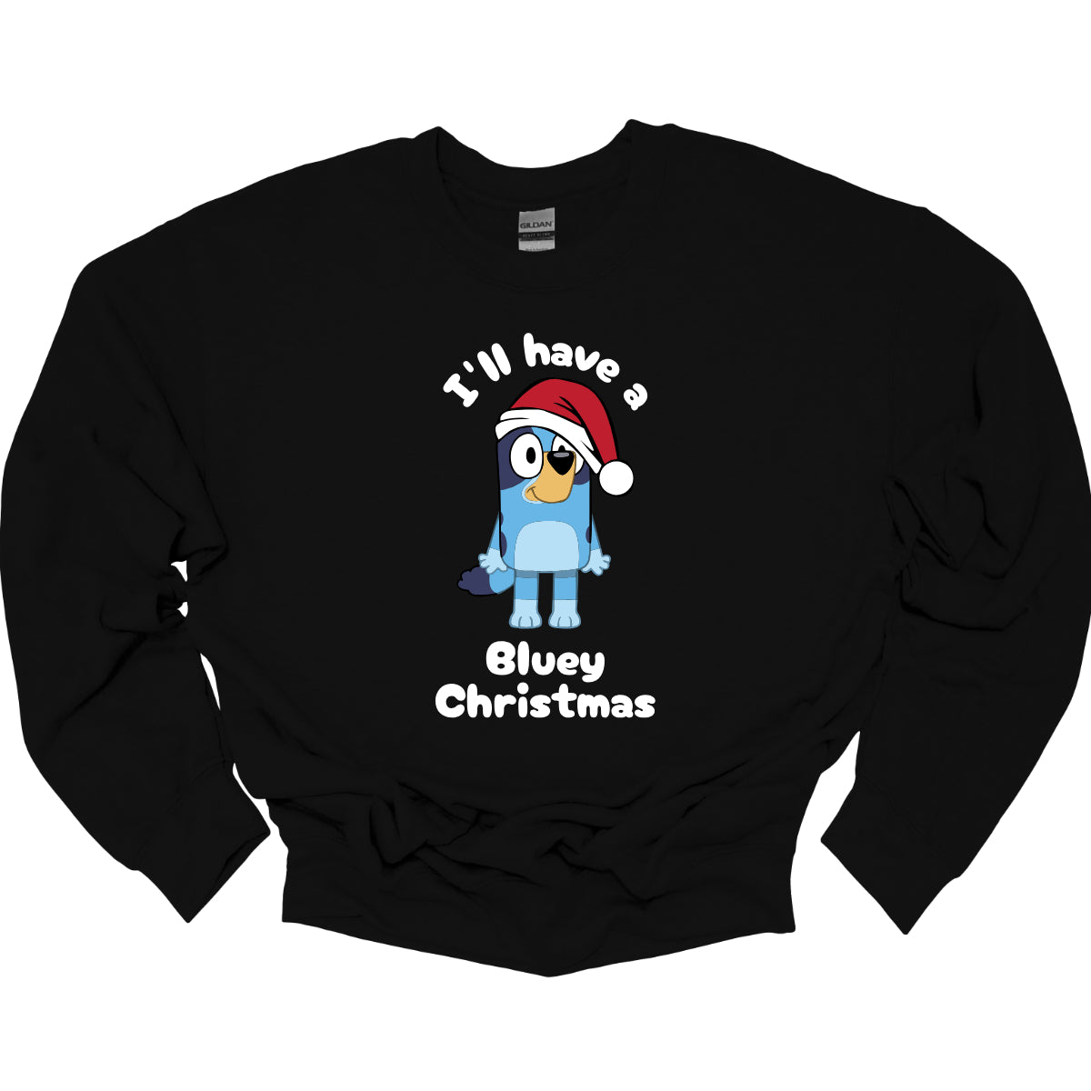 This playful t-shirt features the cheerful phrase "I'LL HAVE A BLUEY CHRISTMAS" in a fun black bubble font that adds a whimsical touch. At the center of the design, an adorable illustration of Bluey is depicted wearing a classic red and white Santa hat, perfectly capturing the festive spirit. Shop Gorgeousware.com