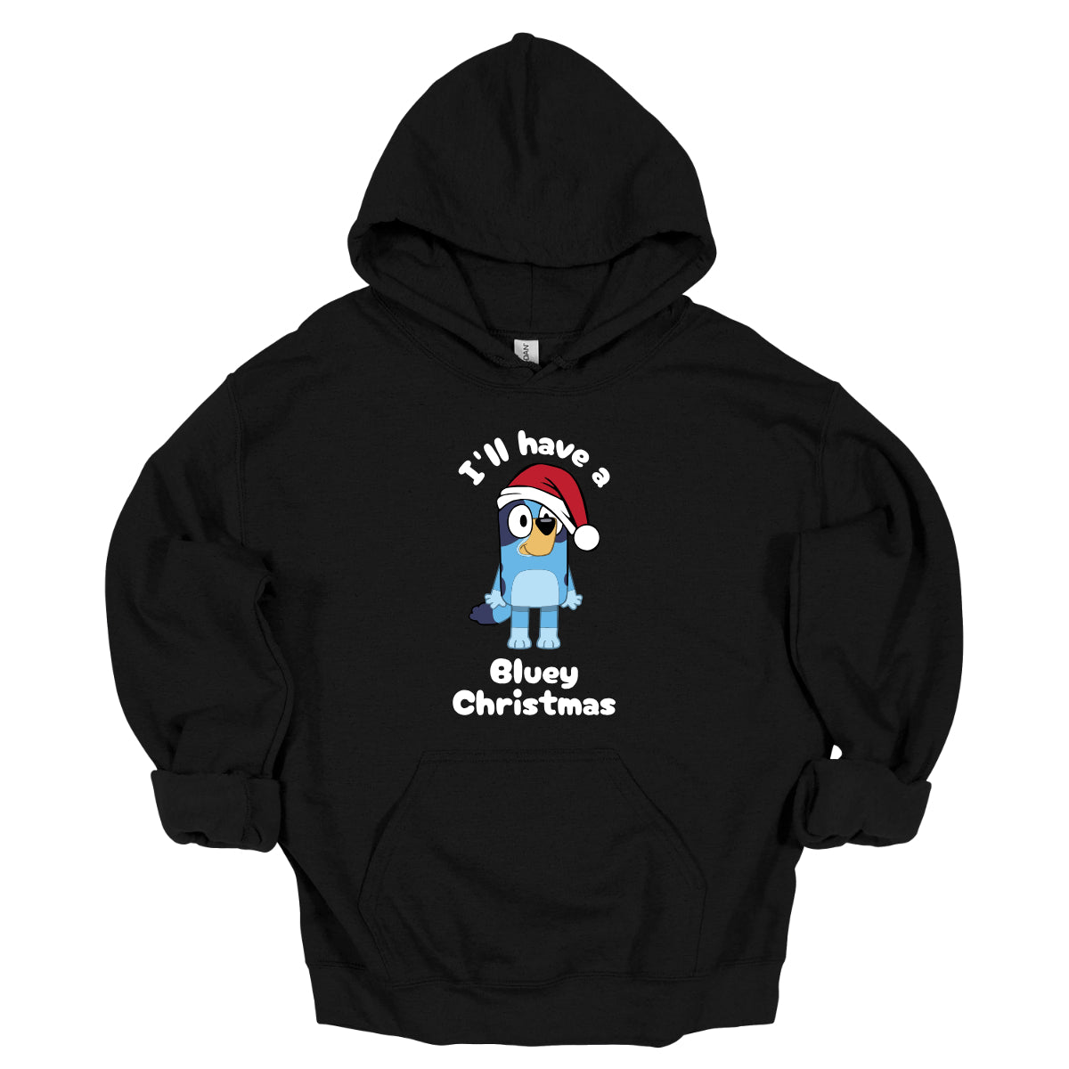 This playful t-shirt features the cheerful phrase "I'LL HAVE A BLUEY CHRISTMAS" in a fun black bubble font that adds a whimsical touch. At the center of the design, an adorable illustration of Bluey is depicted wearing a classic red and white Santa hat, perfectly capturing the festive spirit. Shop Gorgeousware.com