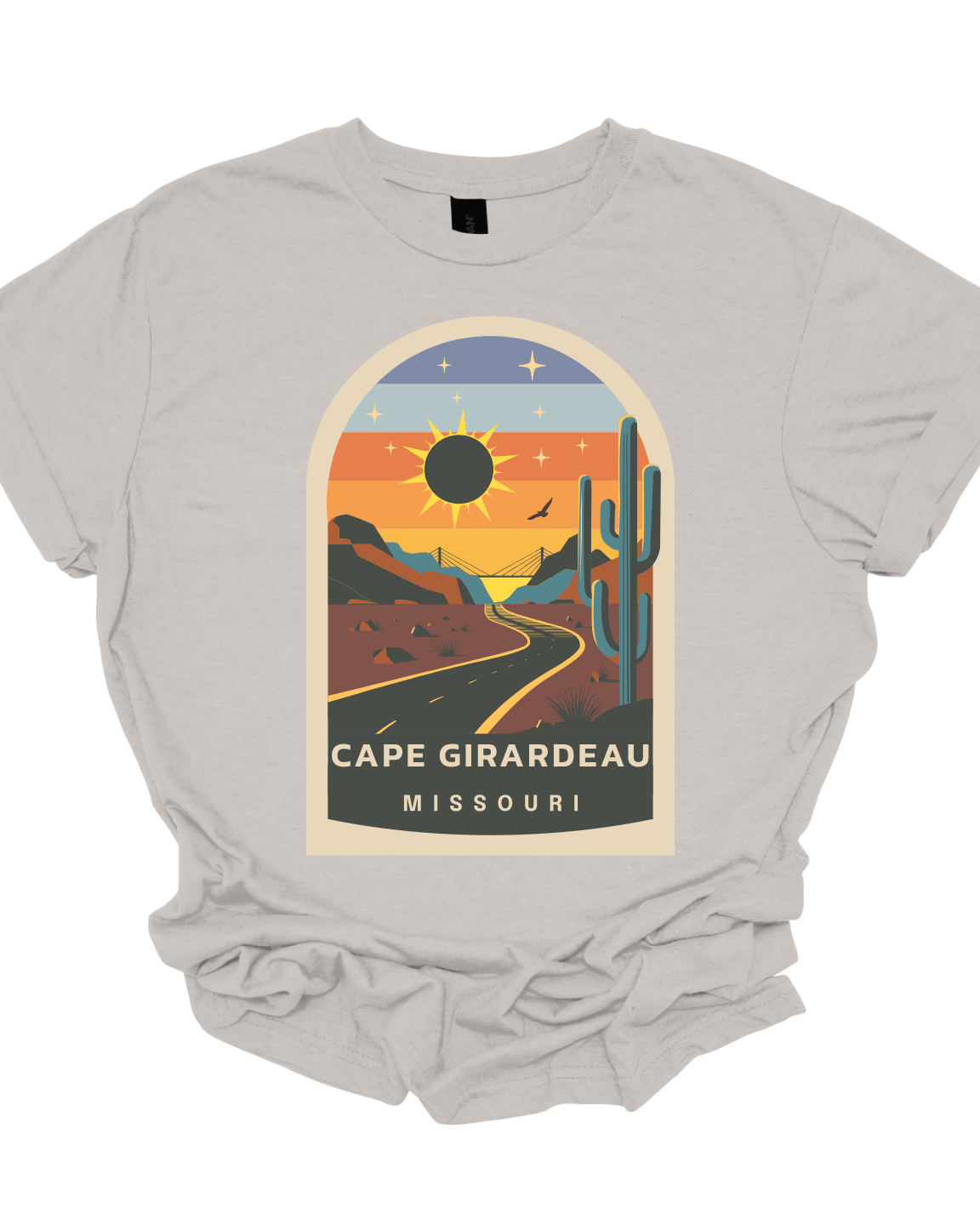 Step back in time and witness the cosmic spectacle with our Solar Eclipse 2024 T-shirt! Featuring a retro-themed desert background, this shirt sets the stage for the celestial event of the decade. With the iconic Bill Emerson Memorial Bridge in the distance, the scene is perfectly poised for the eclipse's grand entrance. Shop at Gorgeousware.com