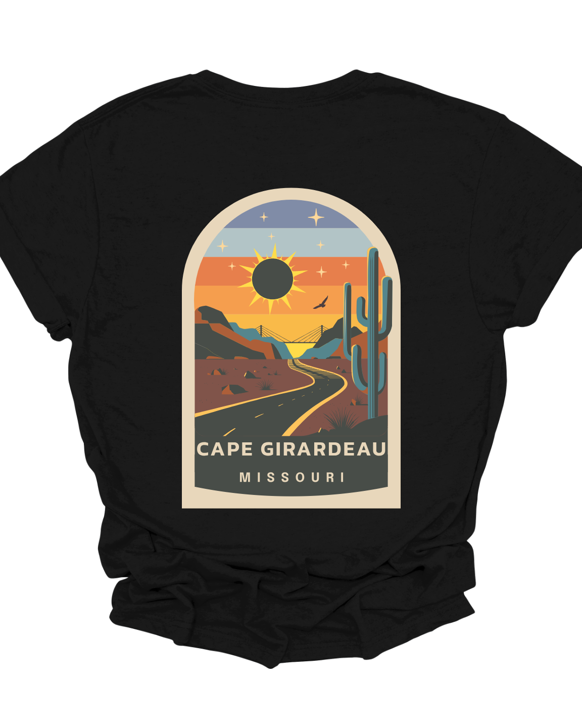 Step back in time and witness the cosmic spectacle with our Solar Eclipse 2024 T-shirt! Featuring a retro-themed desert background, this shirt sets the stage for the celestial event of the decade. With the iconic Bill Emerson Memorial Bridge in the distance, the scene is perfectly poised for the eclipse's grand entrance. Shop at Gorgeousware.com