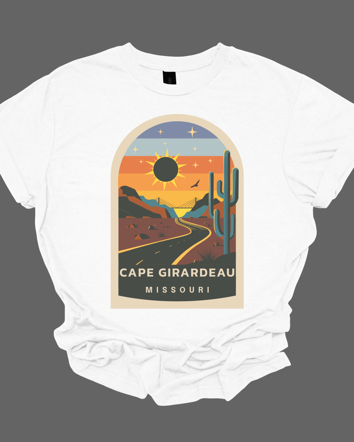 Step back in time and witness the cosmic spectacle with our Solar Eclipse 2024 T-shirt! Featuring a retro-themed desert background, this shirt sets the stage for the celestial event of the decade. With the iconic Bill Emerson Memorial Bridge in the distance, the scene is perfectly poised for the eclipse's grand entrance. Shop at Gorgeousware.com