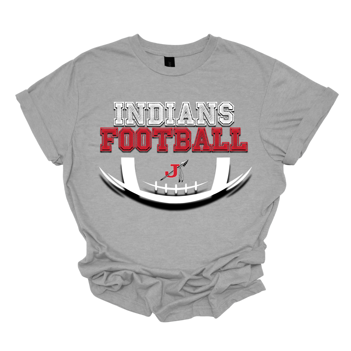 Get ready for game day with our Indians Football Spirit wear T-shirt! This design features "Indians" in crisp white lettering, standing out boldly against the fabric, while "Football" pops in vibrant red varsity-style font, giving a nod to classic team spirit. The shirt also showcases a partial football graphic, complete with the iconic J-Spear logo at its center, symbolizing strength and unity. Shop at Gorgeousware.com