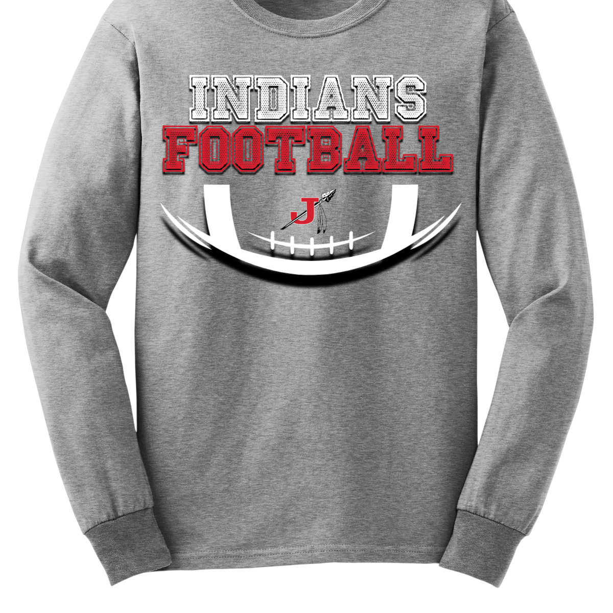 Get ready for game day with our Indians Football Spirit wear T-shirt! This design features "Indians" in crisp white lettering, standing out boldly against the fabric, while "Football" pops in vibrant red varsity-style font, giving a nod to classic team spirit. The shirt also showcases a partial football graphic, complete with the iconic J-Spear logo at its center, symbolizing strength and unity. Shop at Gorgeousware.com