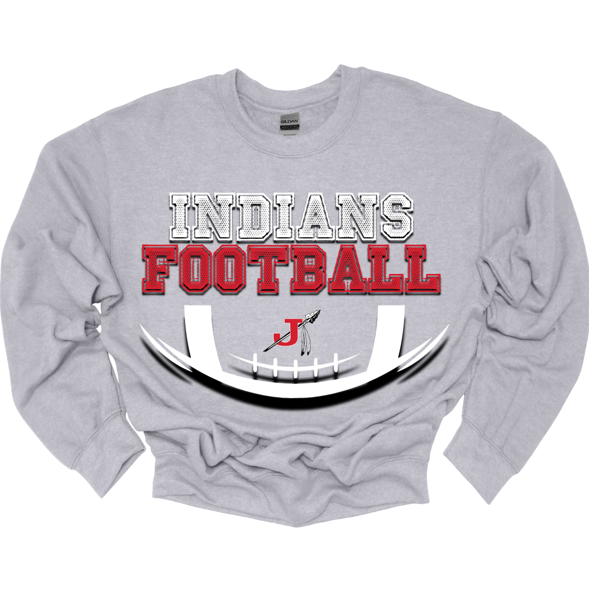 Get ready for game day with our Indians Football Spirit wear T-shirt! This design features "Indians" in crisp white lettering, standing out boldly against the fabric, while "Football" pops in vibrant red varsity-style font, giving a nod to classic team spirit. The shirt also showcases a partial football graphic, complete with the iconic J-Spear logo at its center, symbolizing strength and unity. Shop at Gorgeousware.com