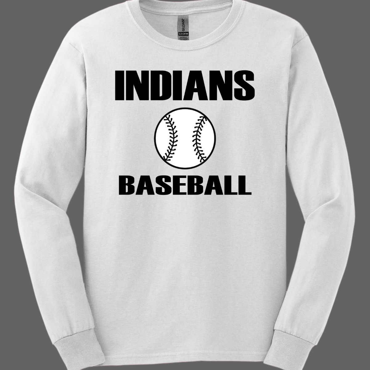 White long-sleeve shirt with 'INDIANS BASEBALL' text and a baseball graphic on a gray background