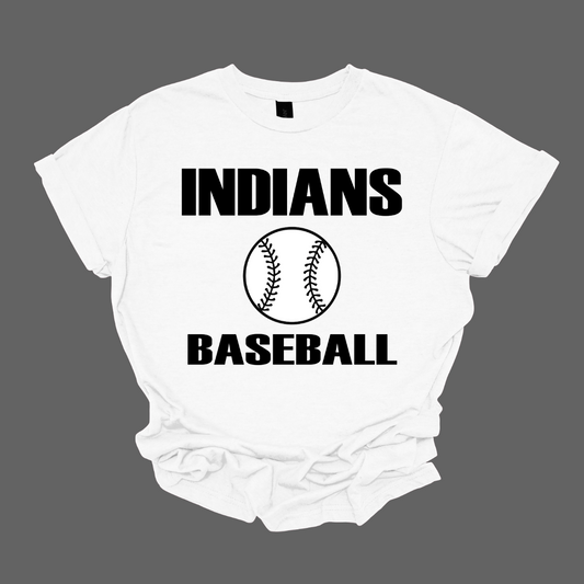 White t-shirt with 'INDIANS BASEBALL' text and baseball graphic on a gray background