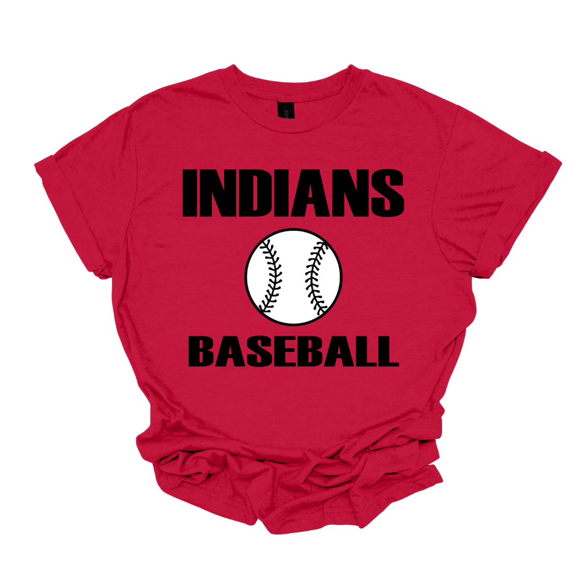 Red t-shirt with 'INDIANS BASEBALL' text and a baseball graphic on a white background