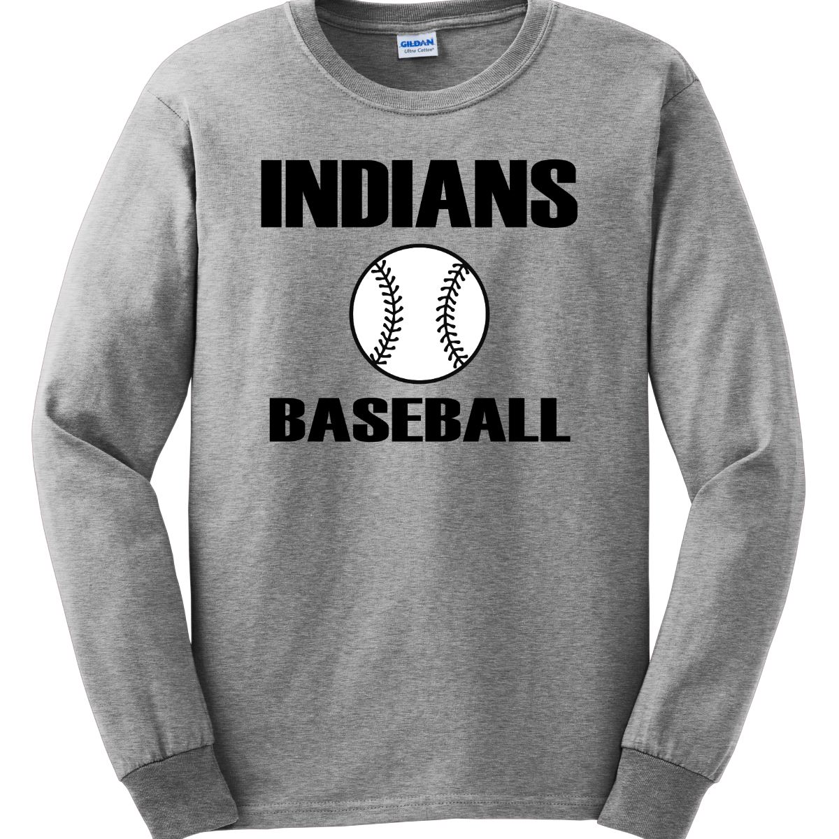 Gray long-sleeve shirt with 'INDIANS BASEBALL' text and a baseball graphic on a white background