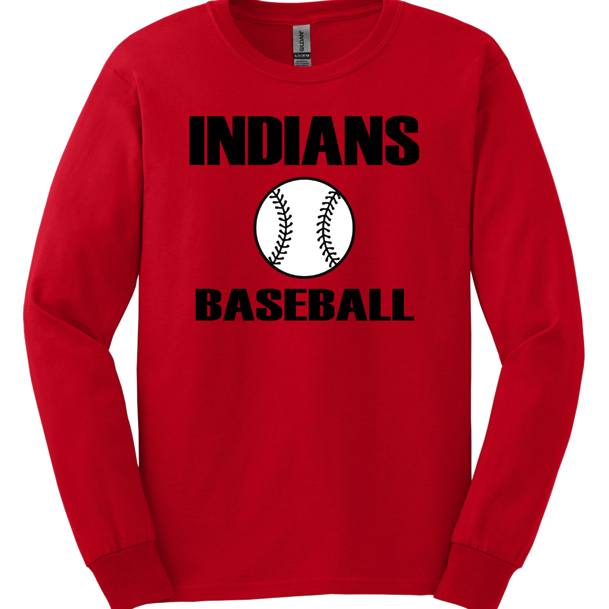 Red long-sleeve shirt with 'INDIANS BASEBALL' text and a baseball graphic on a white background