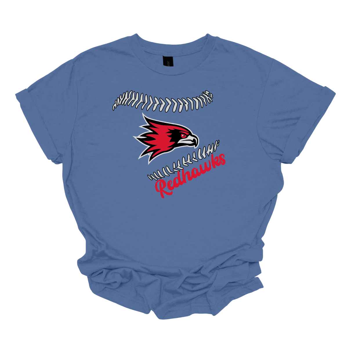 Blue t-shirt with a red and black redhawk logo and 'Redhawks' text on a white background