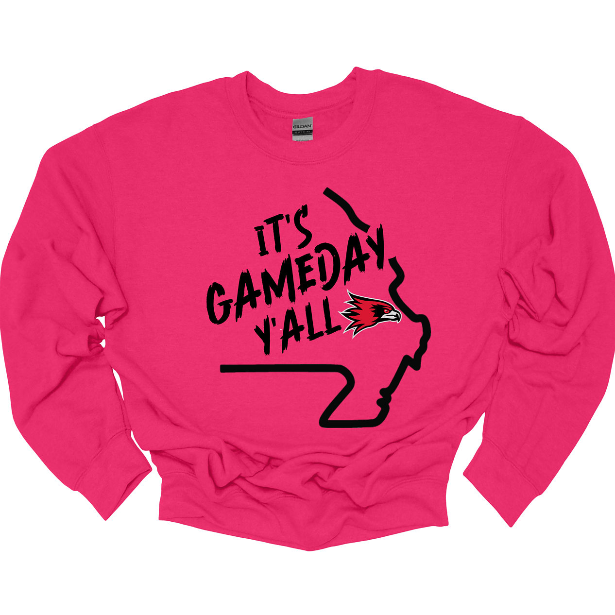This comfortable and bold SEMO crew features a sleek black outline of the state of Missouri with a fierce SEMO Redhawk proudly pointing to Cape Girardeau, MO — the heart of Redhawk country. Above the Redhawk, the phrase "Game Day Y’all" adds a Southern-inspired rally cry perfect for tailgates, home games, and campus pride. Shop at Gorgeousware.com today!