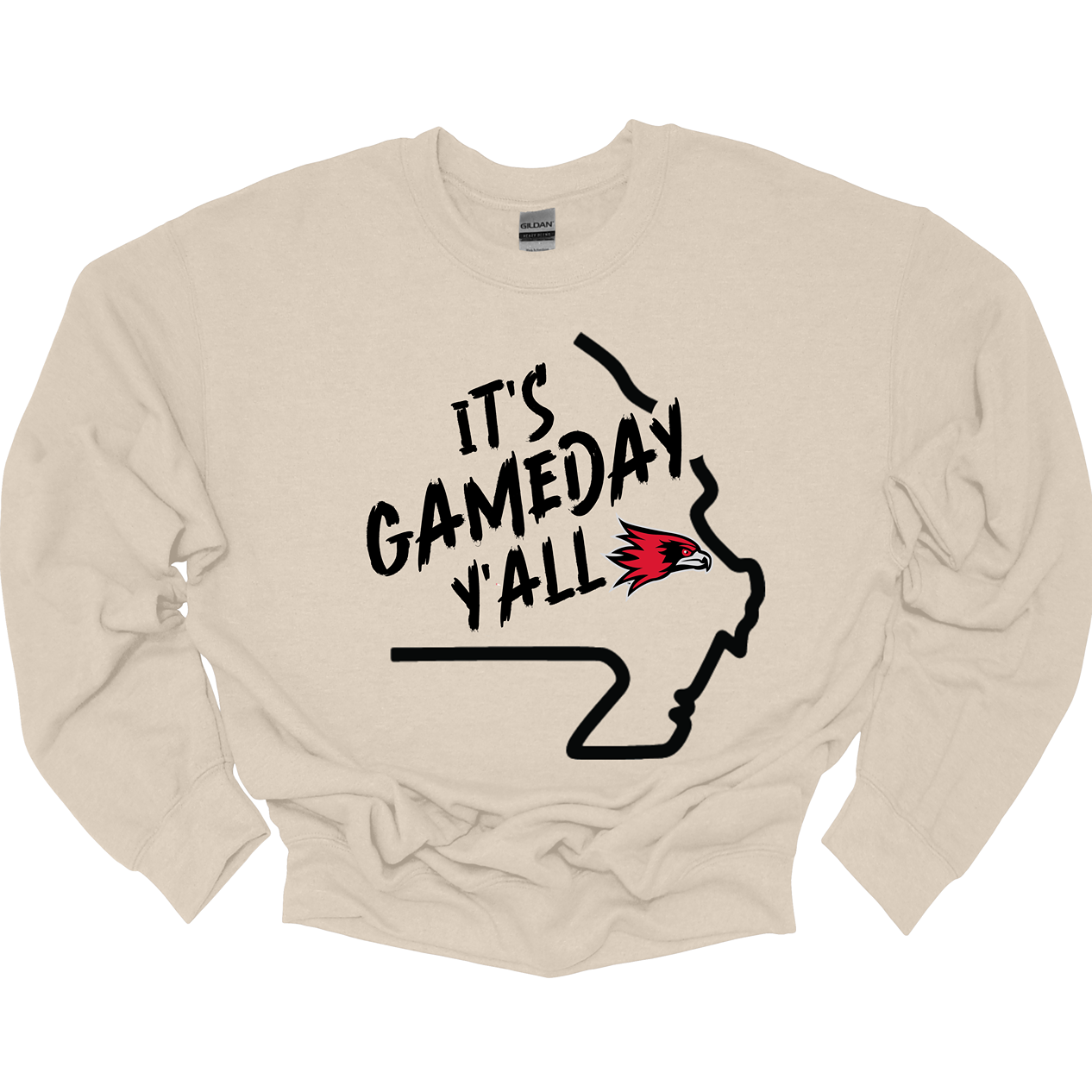 This comfortable and bold SEMO crew features a sleek black outline of the state of Missouri with a fierce SEMO Redhawk proudly pointing to Cape Girardeau, MO — the heart of Redhawk country. Above the Redhawk, the phrase "Game Day Y’all" adds a Southern-inspired rally cry perfect for tailgates, home games, and campus pride. Shop at Gorgeousware.com today!