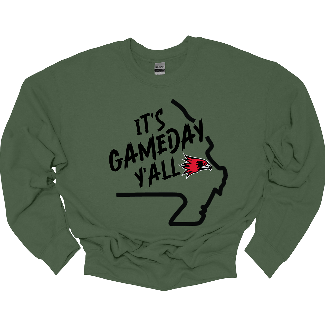 This comfortable and bold SEMO crew features a sleek black outline of the state of Missouri with a fierce SEMO Redhawk proudly pointing to Cape Girardeau, MO — the heart of Redhawk country. Above the Redhawk, the phrase "Game Day Y’all" adds a Southern-inspired rally cry perfect for tailgates, home games, and campus pride. Shop at Gorgeousware.com today!