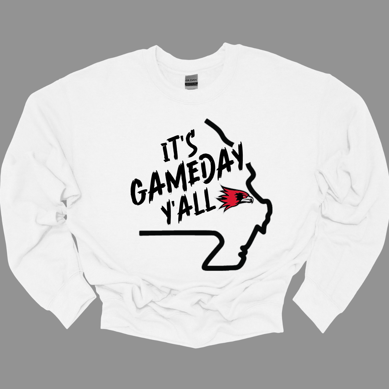 This comfortable and bold SEMO crew features a sleek black outline of the state of Missouri with a fierce SEMO Redhawk proudly pointing to Cape Girardeau, MO — the heart of Redhawk country. Above the Redhawk, the phrase "Game Day Y’all" adds a Southern-inspired rally cry perfect for tailgates, home games, and campus pride. Shop at Gorgeousware.com today!