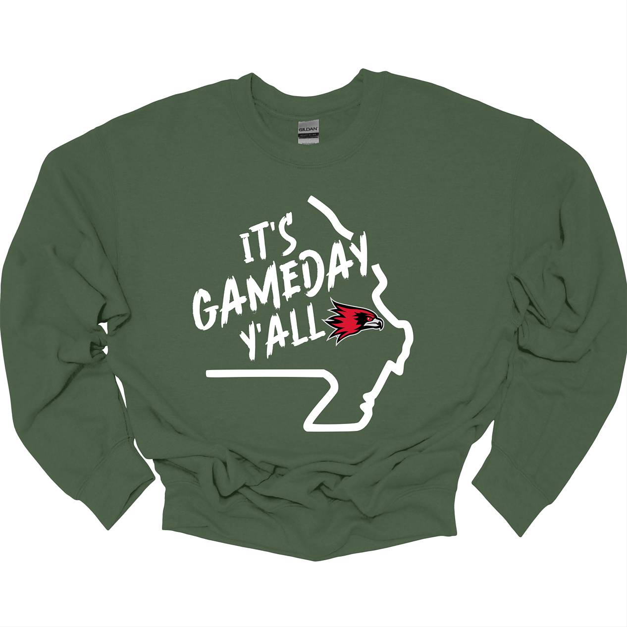 This comfortable and bold SEMO crew features a sleek white outline of the state of Missouri with a fierce SEMO Redhawk proudly pointing to Cape Girardeau, MO — the heart of Redhawk country. Above the Redhawk, the phrase "Game Day Y’all" adds a Southern-inspired rally cry perfect for tailgates, home games, and campus pride.                                  Shop at Gorgeousware.com today!