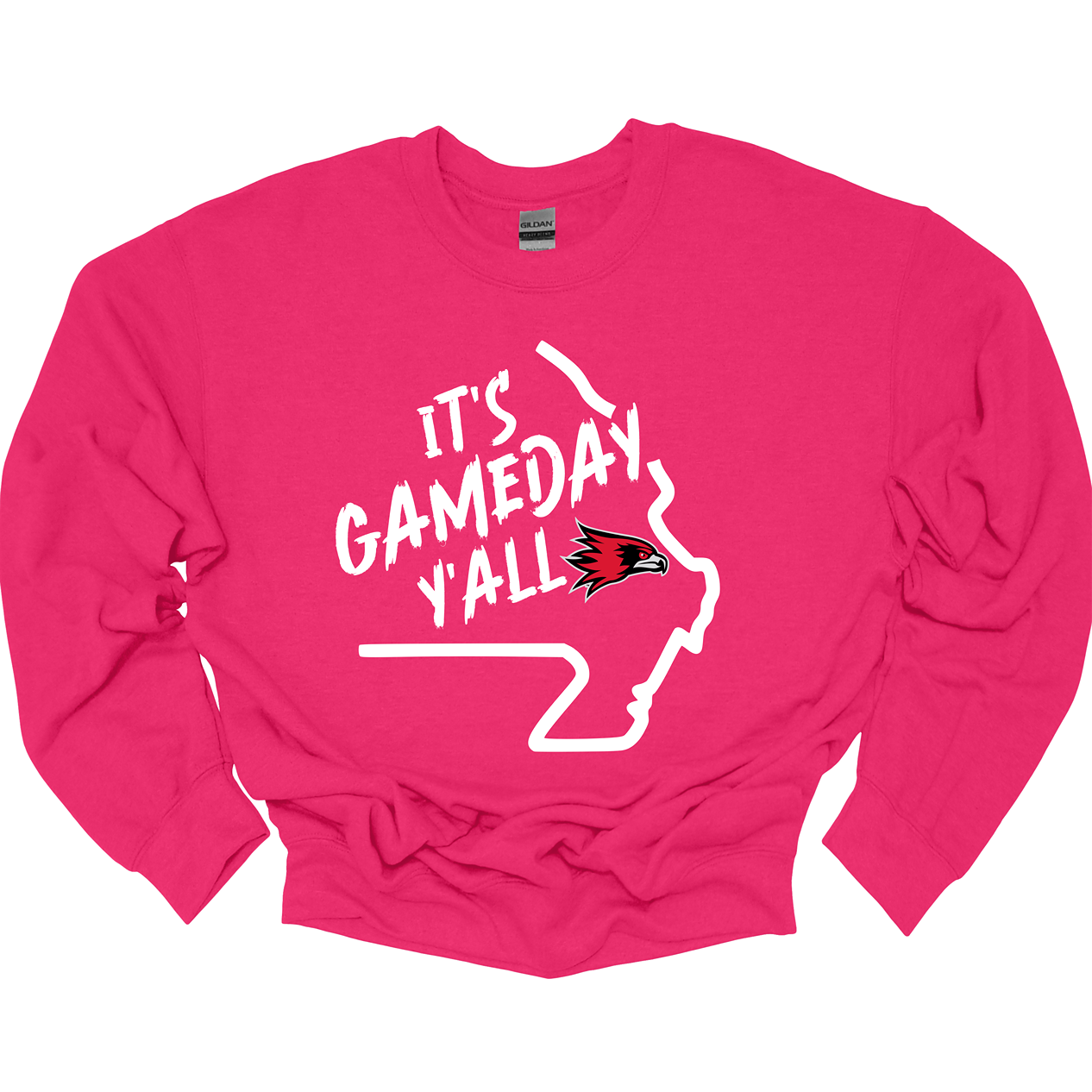 This comfortable and bold SEMO crew features a sleek white outline of the state of Missouri with a fierce SEMO Redhawk proudly pointing to Cape Girardeau, MO — the heart of Redhawk country. Above the Redhawk, the phrase "Game Day Y’all" adds a Southern-inspired rally cry perfect for tailgates, home games, and campus pride.                                  Shop at Gorgeousware.com today!