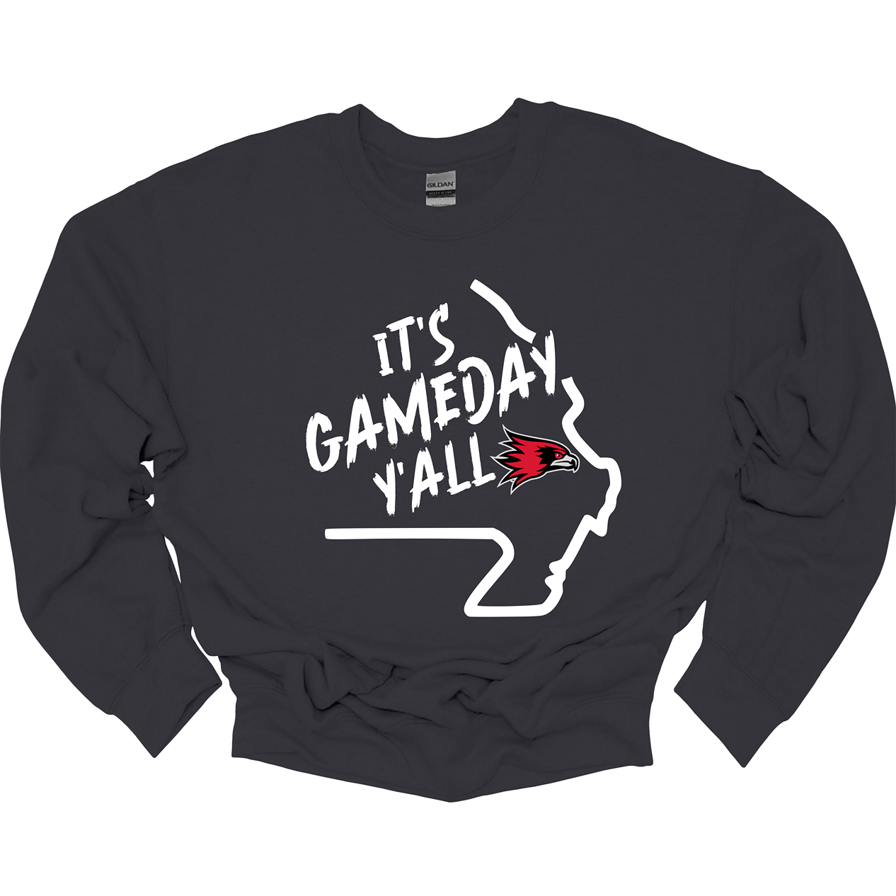 This comfortable and bold SEMO crew features a sleek white outline of the state of Missouri with a fierce SEMO Redhawk proudly pointing to Cape Girardeau, MO — the heart of Redhawk country. Above the Redhawk, the phrase "Game Day Y’all" adds a Southern-inspired rally cry perfect for tailgates, home games, and campus pride.                                  Shop at Gorgeousware.com today!