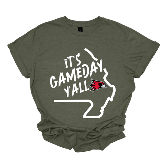 This comfortable and bold SEMO short sleeve shirt features a sleek white outline of the state of Missouri with a fierce SEMO Redhawk proudly pointing to Cape Girardeau, MO — the heart of Redhawk country. Above the Redhawk, the phrase "Game Day Y’all" adds a Southern-inspired rally cry perfect for tailgates, home games, and campus pride. 
Shop at Gorgeousware.com today!
