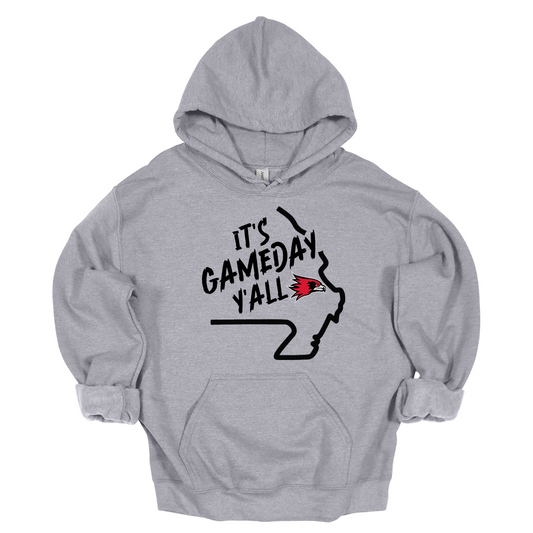 This comfortable and bold SEMO hoodie features a sleek black outline of the state of Missouri with a fierce SEMO Redhawk proudly pointing to Cape Girardeau, MO — the heart of Redhawk country. Above the Redhawk, the phrase "Game Day Y’all" adds a Southern-inspired rally cry perfect for tailgates, home games, and campus pride. 
Shop at Gorgeousware.com today!
