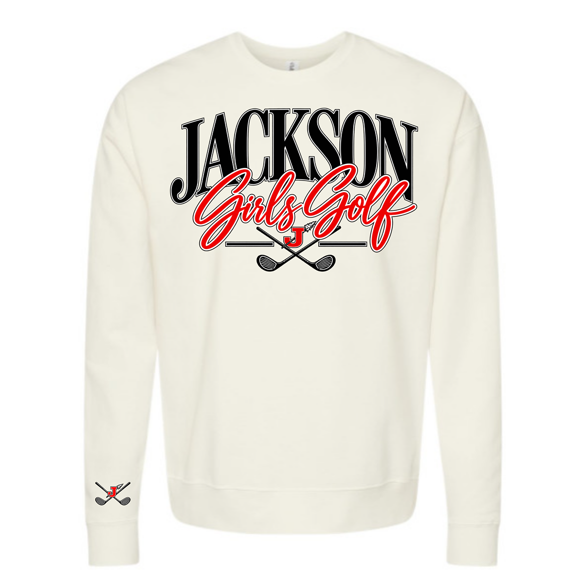 An off-white crewneck sweatshirt featuring a graphic on the chest that reads 'JACKSON Girl's Golf' in black and red lettering with crossed golf clubs underneath, and a small matching graphic on the left sleeve.