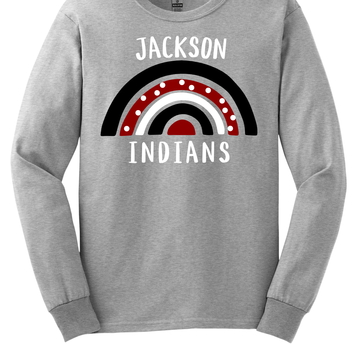 Brighten up your school spirit with our Jackson Indians apparel featuring a playful and vibrant design! This spirited piece showcases a whimsical rainbow pattern adorned with cheerful polka dots, adding a touch of fun and color to your wardrobe. The rainbow arcs gracefully across the design, symbolizing hope and unity, while the Jackson Indians logo stands out prominently in the center. Shop at Gorgeousware.com