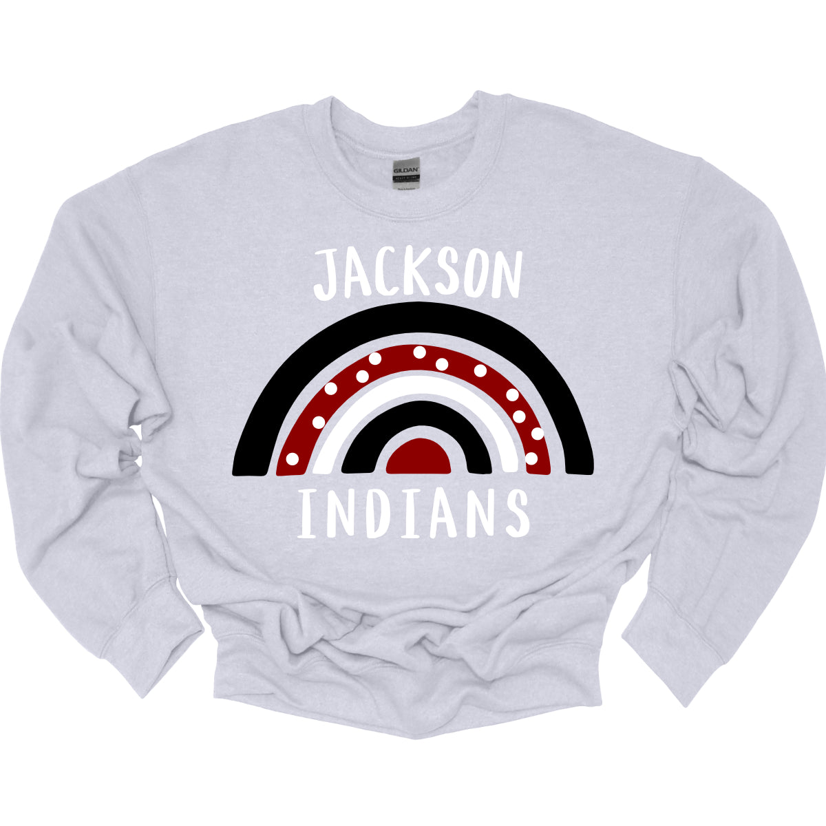 Brighten up your school spirit with our Jackson Indians apparel featuring a playful and vibrant design! This spirited piece showcases a whimsical rainbow pattern adorned with cheerful polka dots, adding a touch of fun and color to your wardrobe. The rainbow arcs gracefully across the design, symbolizing hope and unity, while the Jackson Indians logo stands out prominently in the center. Shop at Gorgeousware.com