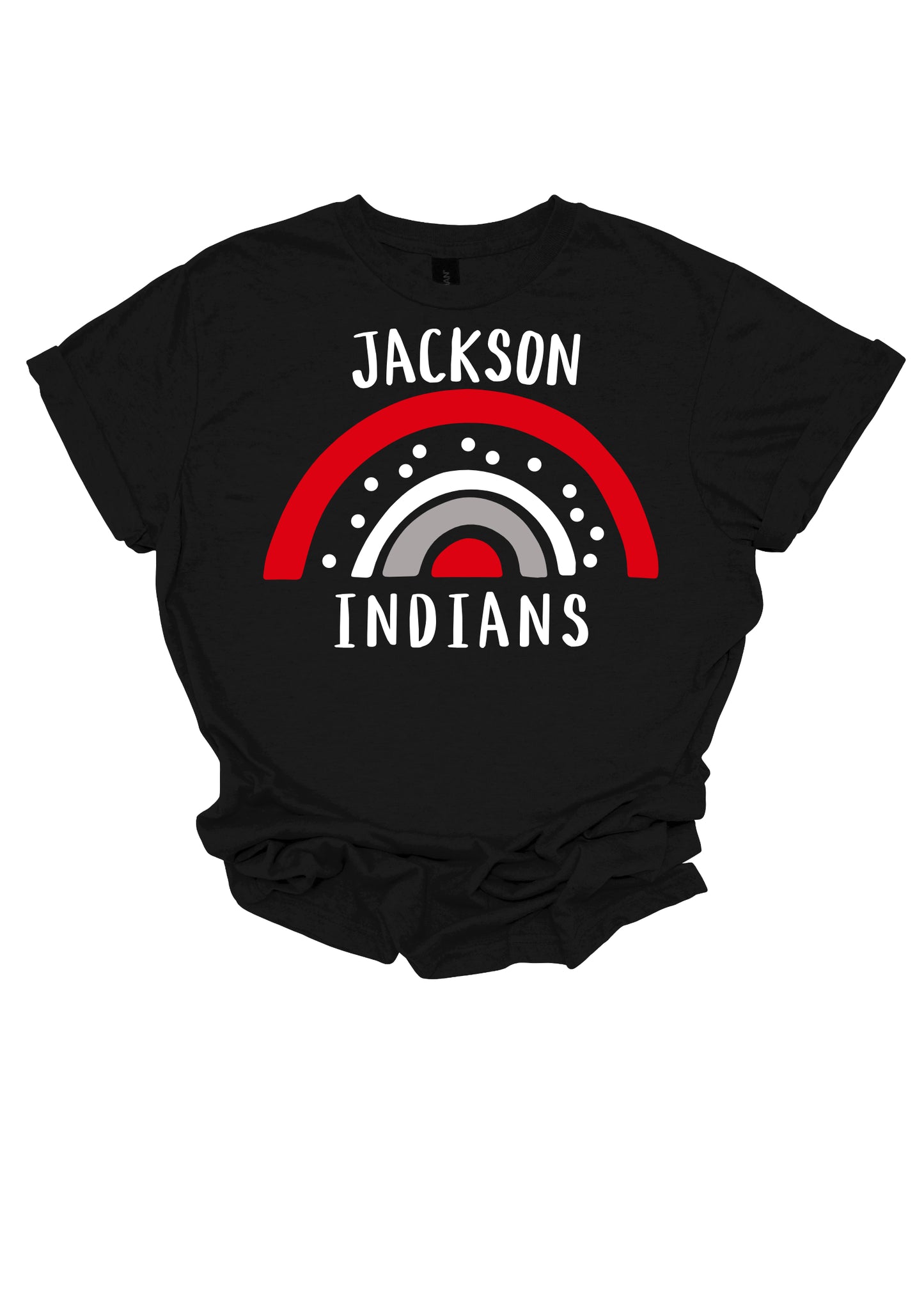 Brighten up your school spirit with our Jackson Indians apparel featuring a playful and vibrant design! This spirited piece showcases a whimsical rainbow pattern adorned with cheerful polka dots, adding a touch of fun and color to your wardrobe. The rainbow arcs gracefully across the design, symbolizing hope and unity, while the Jackson Indians logo stands out prominently in the center. Shop at Gorgeousware.com