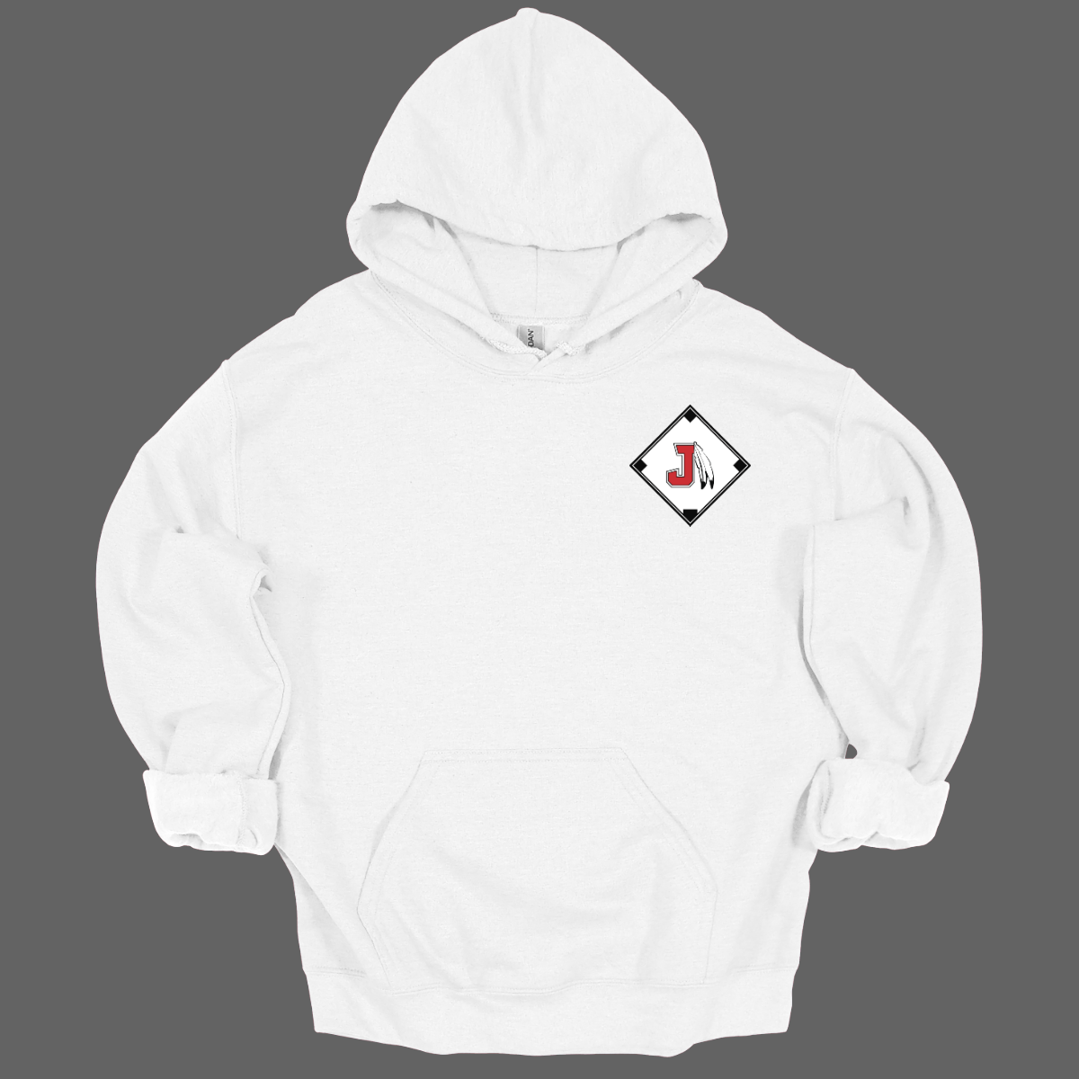 White hoodie with a diamond-shaped logo featuring a letter 'J' on a grey background