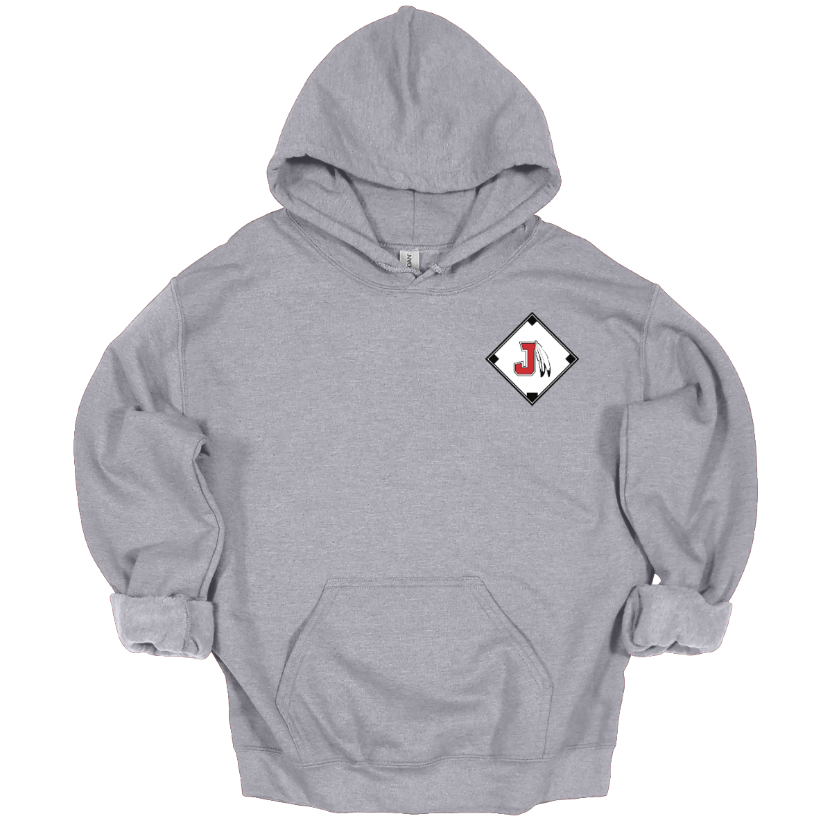 Grey hoodie with a diamond-shaped logo featuring a letter 'J' on a white background