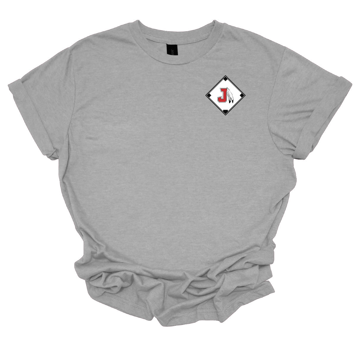 Gray t-shirt with a diamond-shaped logo featuring a letter 'J' on a white background