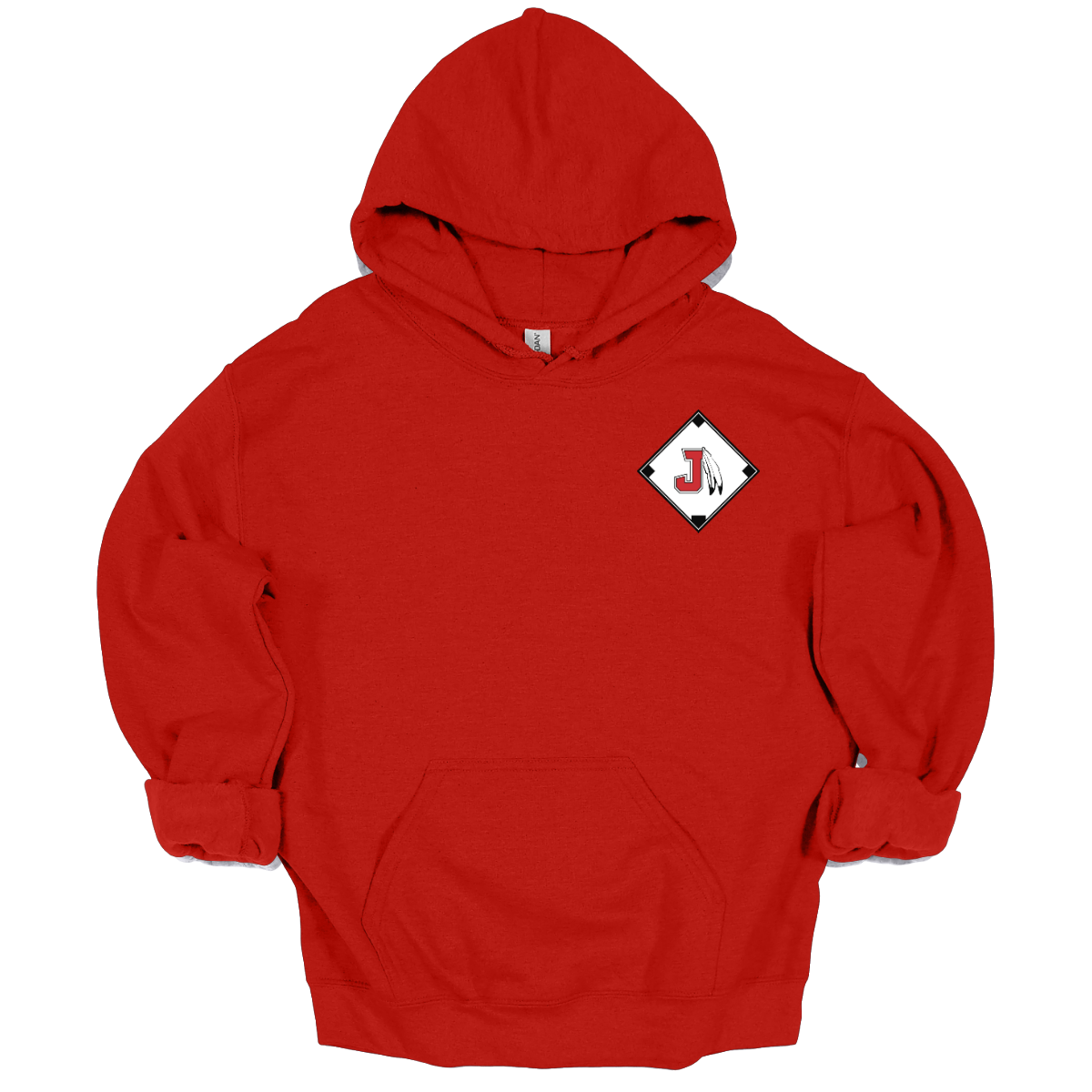 Red hoodie with a diamond-shaped logo featuring a letter 'J' on a white background