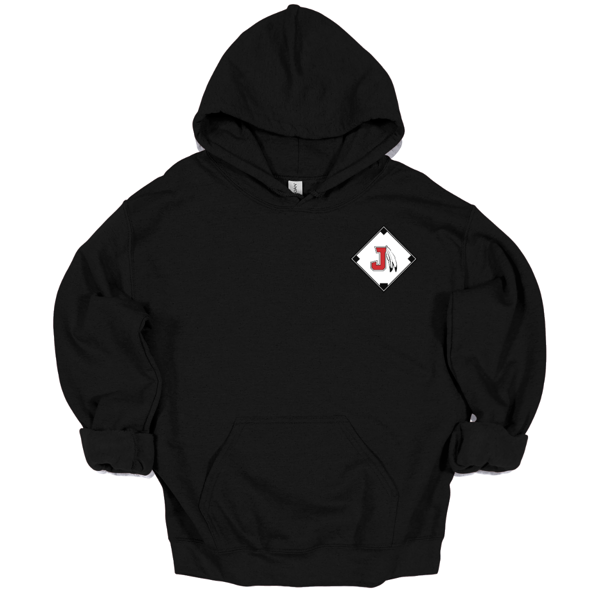 Black hoodie with a diamond-shaped logo featuring a letter 'J' on a white background