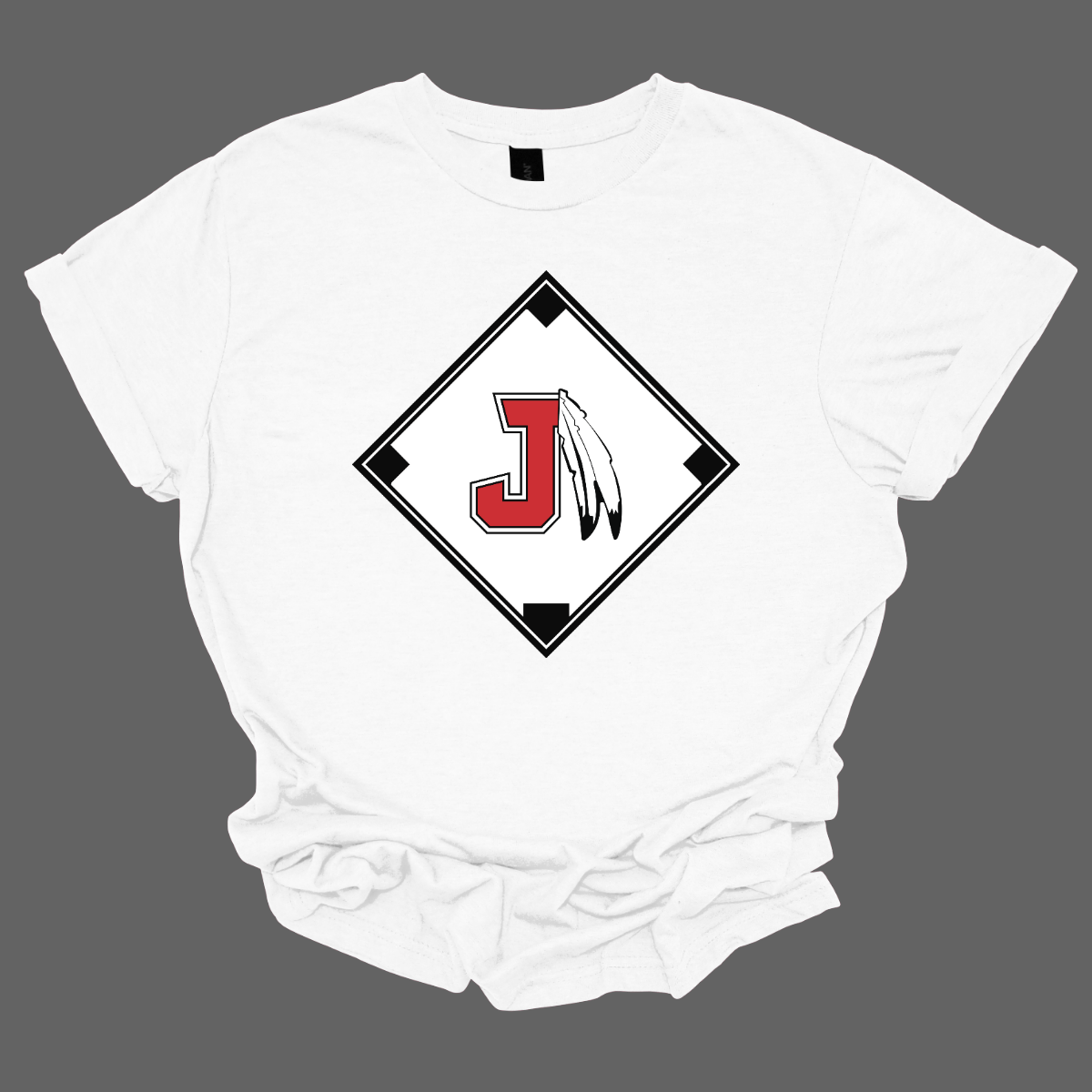 White t-shirt with a red, white, and black logo featuring the J Spear in the center of a baseball diamond on a grey background