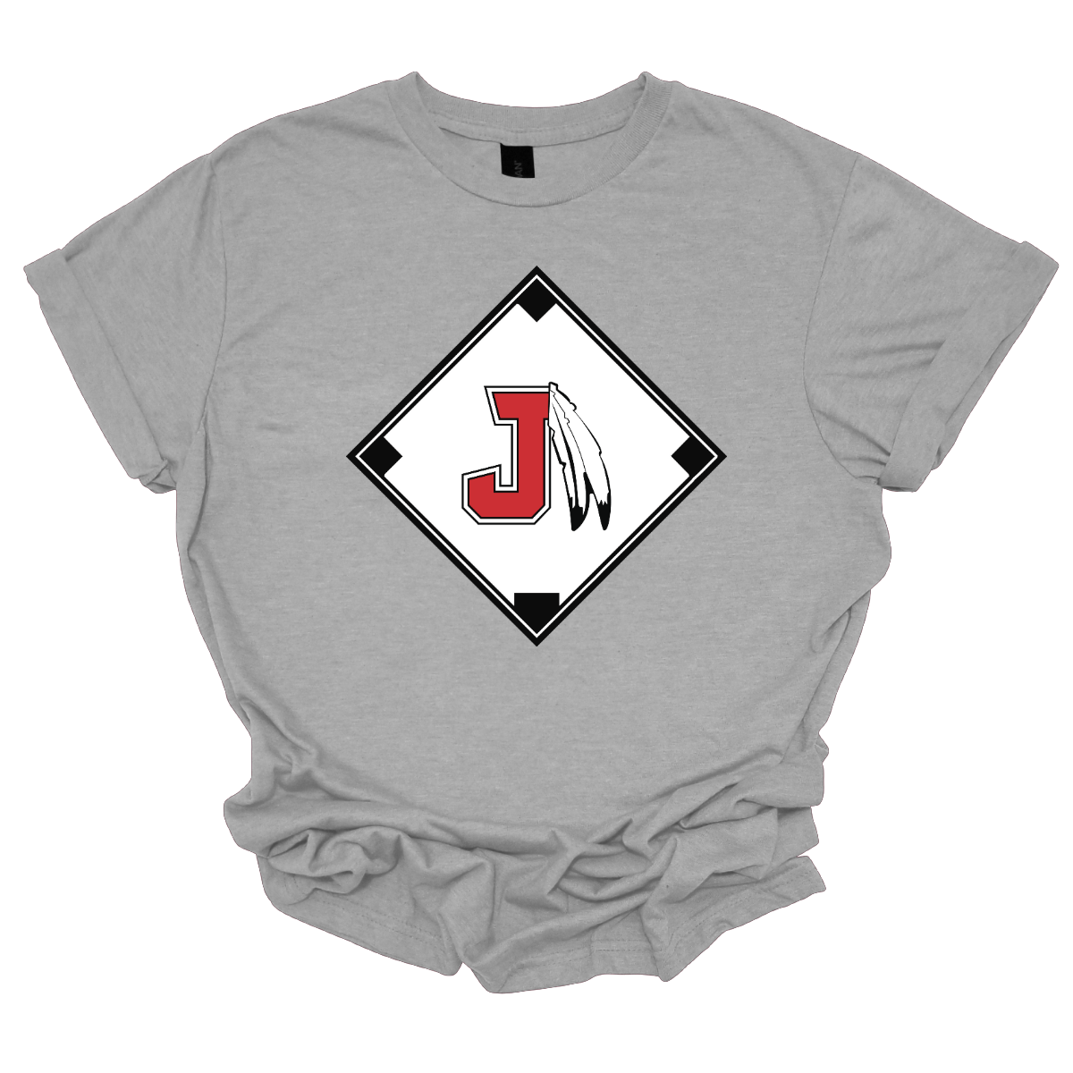 Gray t-shirt with a red, white, and black logo featuring the J Spear in the center of a baseball diamond on a white background