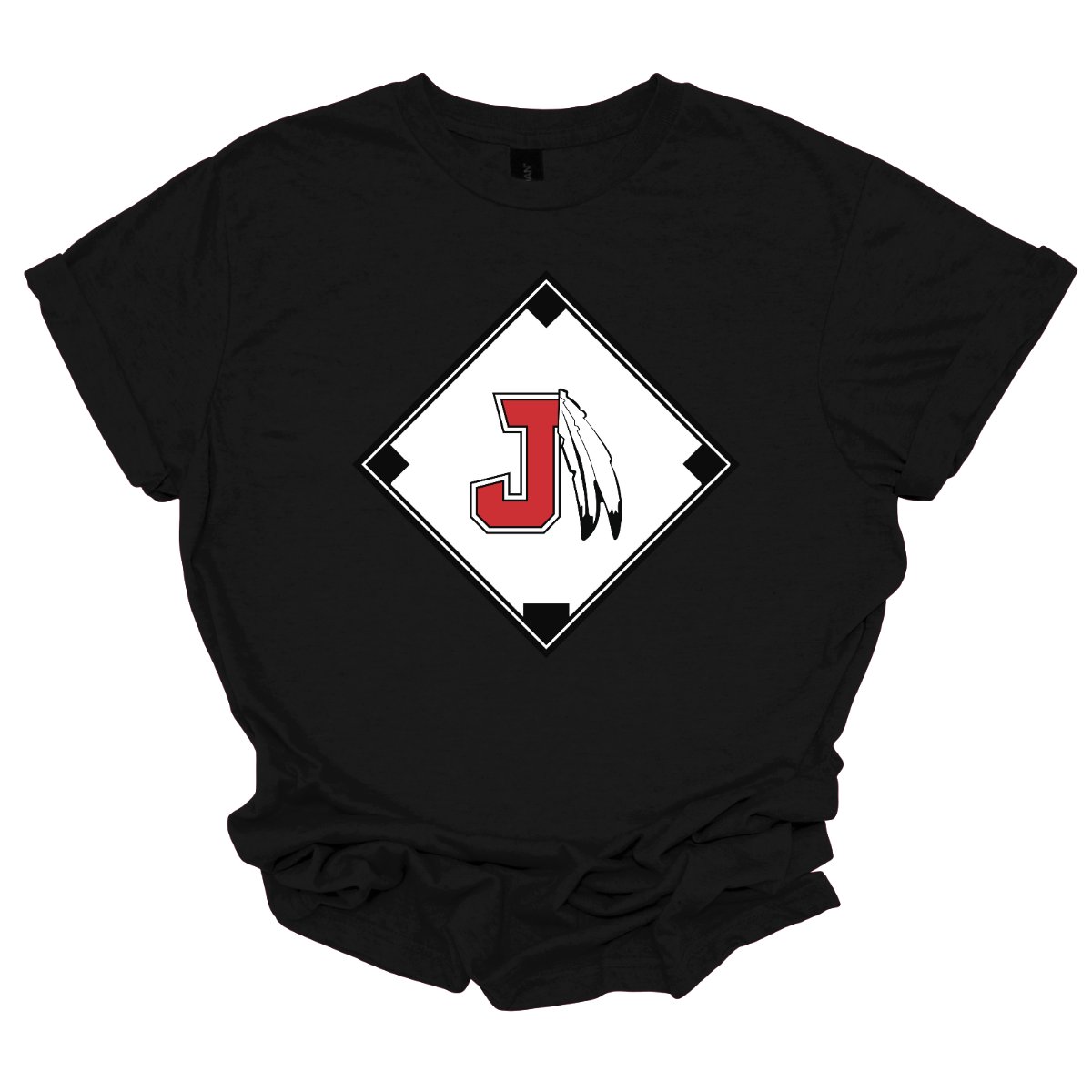 Black t-shirt with a red, white, and black logo featuring the J Spear in the center of a baseball diamond on a white background