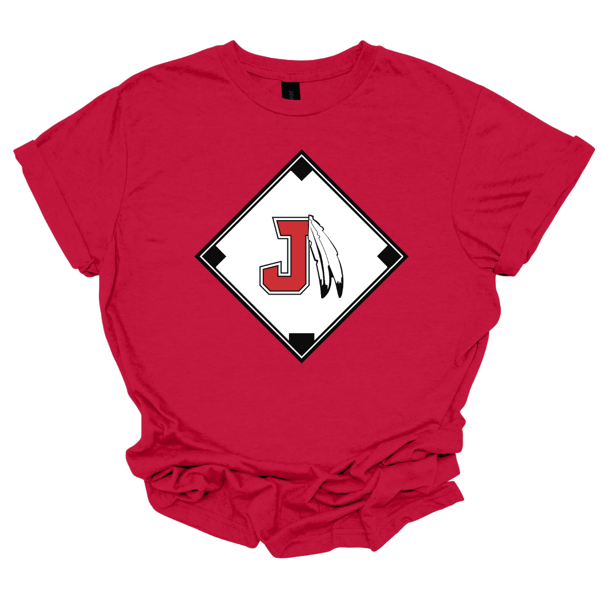 Red t-shirt with a red, white, and black logo featuring the J Spear in the center of a baseball diamond on a white background