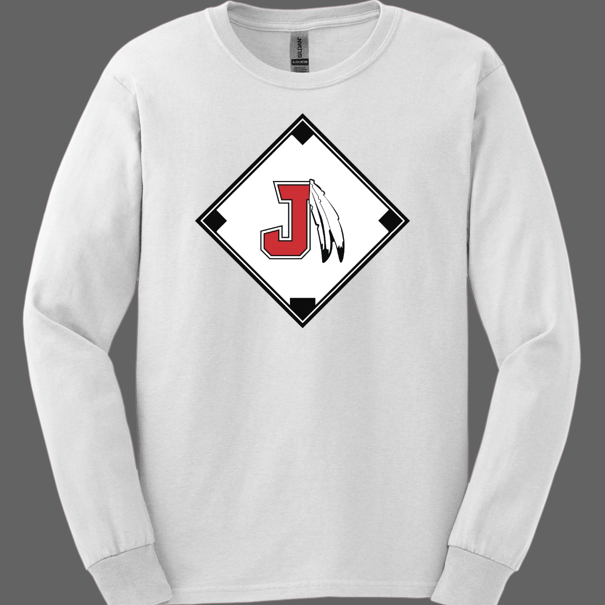 White long sleeve with a red, white, and black logo featuring the J Spear in the center of a baseball diamond on a grey background