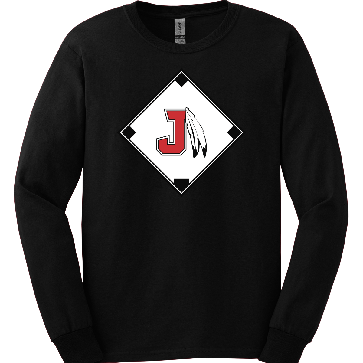 Black long sleeve with a red, white, and black logo featuring the J Spear in the center of a baseball diamond on a white background