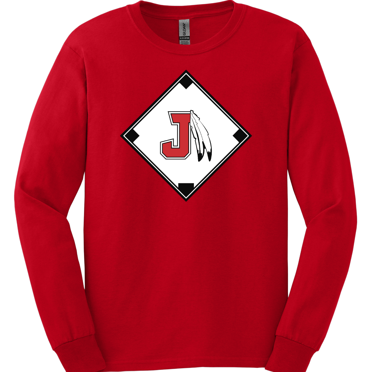 Red long sleeve with a red, white, and black logo featuring the J Spear in the center of a baseball diamond on a white background
