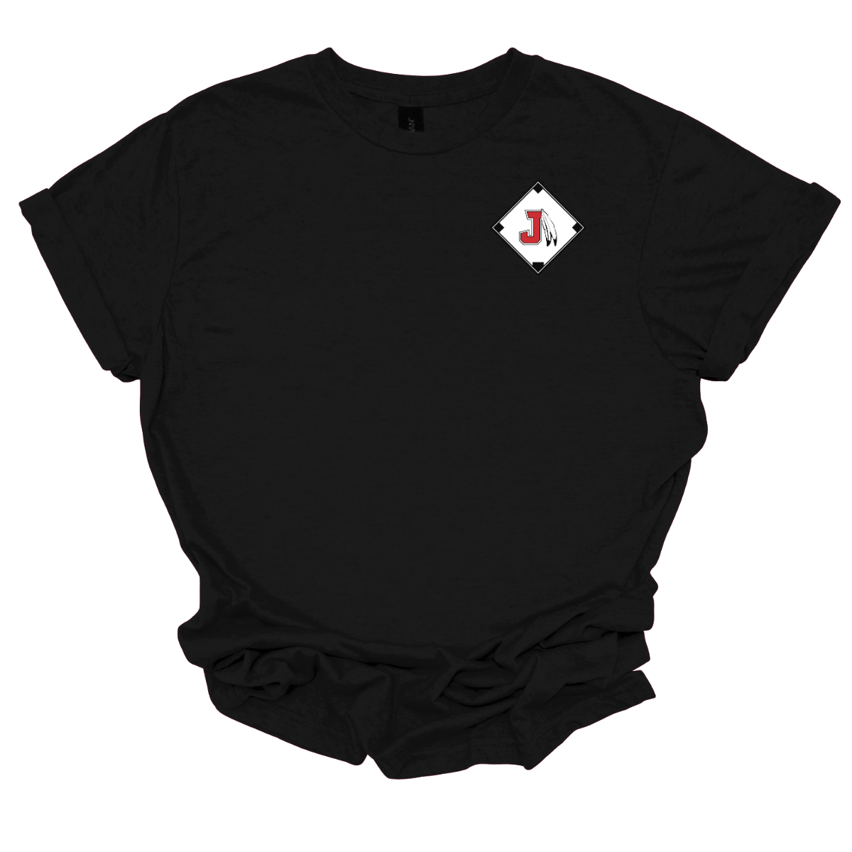 Black t-shirt with a baseball diamond with a J Spear logo on the chest against a white background