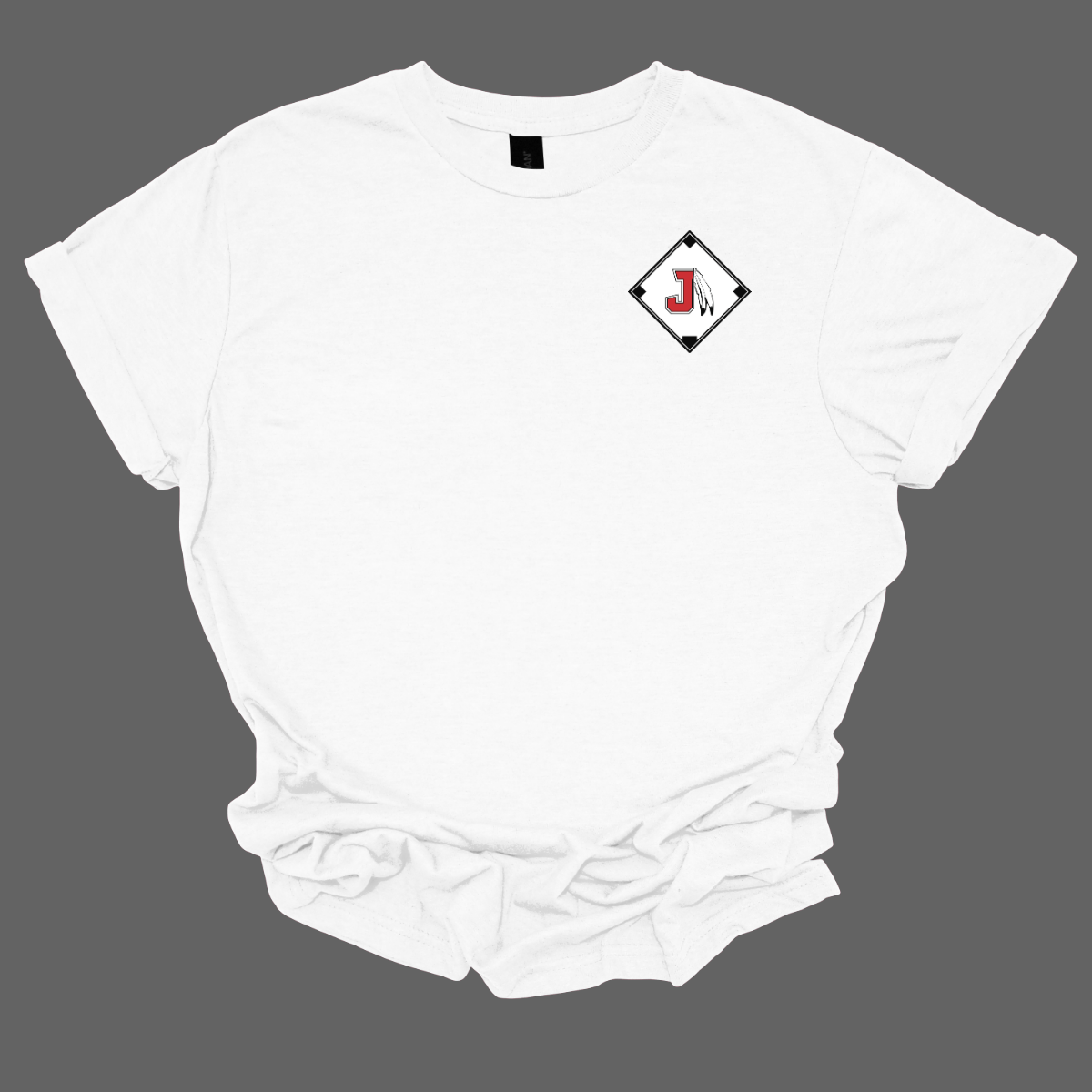 White t-shirt with a baseball diamond with a J Spear logo on the chest against a grey background