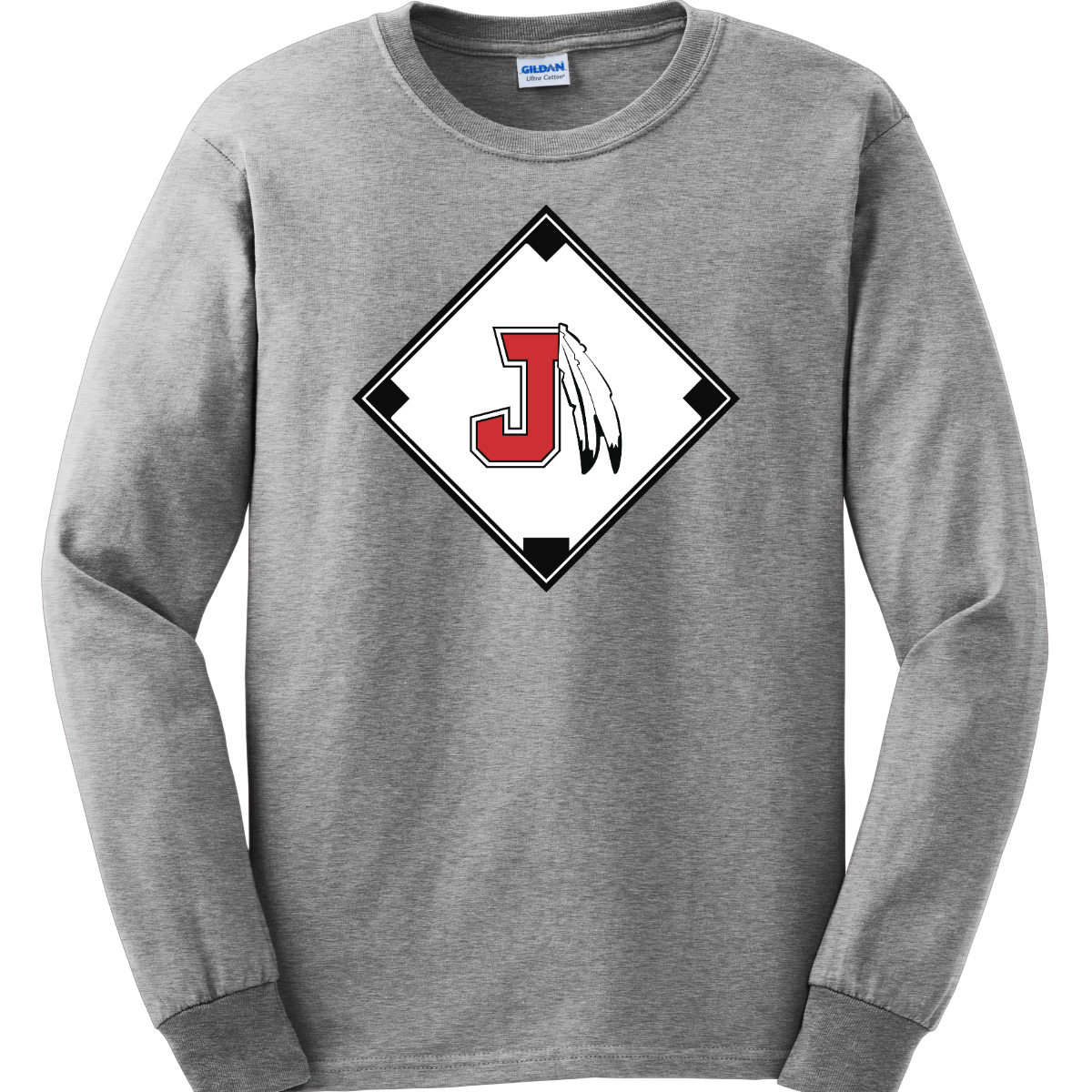 Gray long sleeve with a red, white, and black logo featuring the J Spear in the center of a baseball diamond on a white background