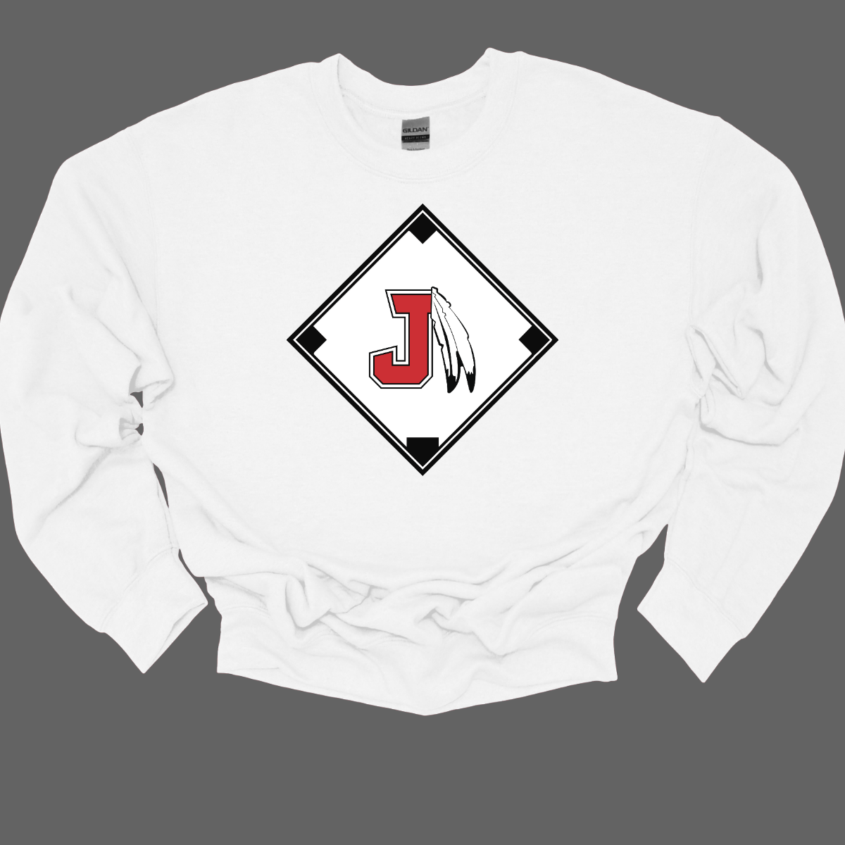 White sweatshirt with a red, white, and black logo featuring the J Spear in the center of a baseball diamond on a grey background