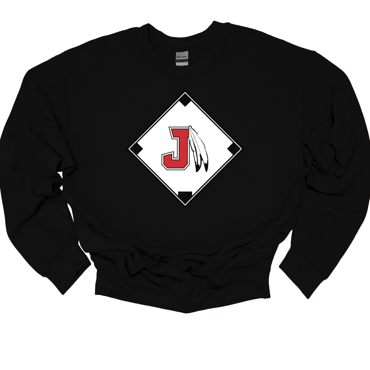 Black sweatshirt with a red, white, and black logo featuring the J Spear in the center of a baseball diamond on a white background