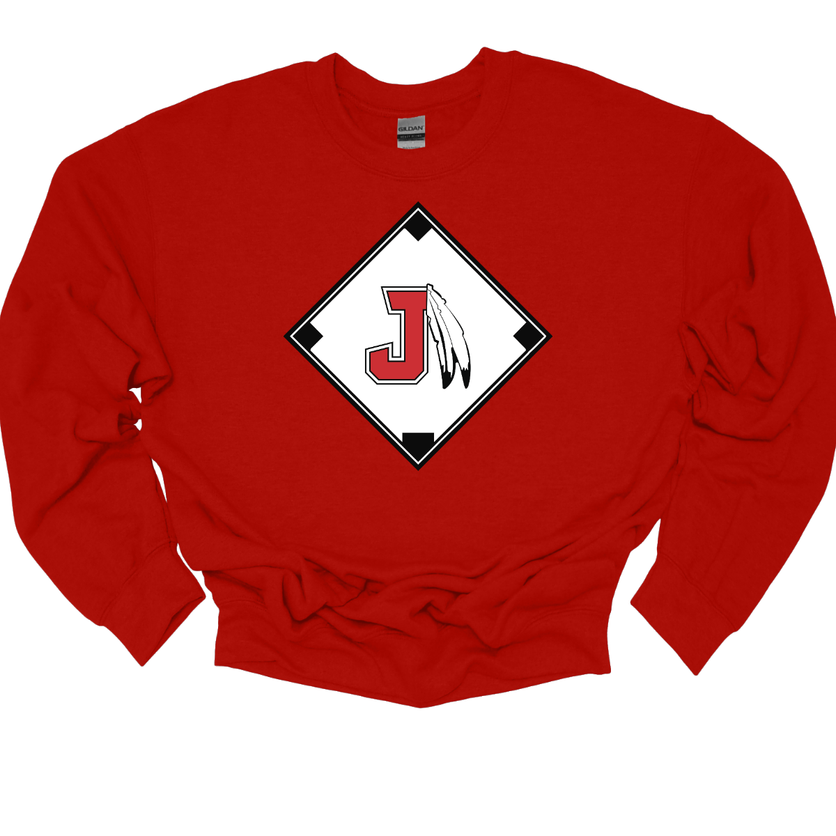 Red sweatshirt with a red, white, and black logo featuring the J Spear in the center of a baseball diamond on a white background